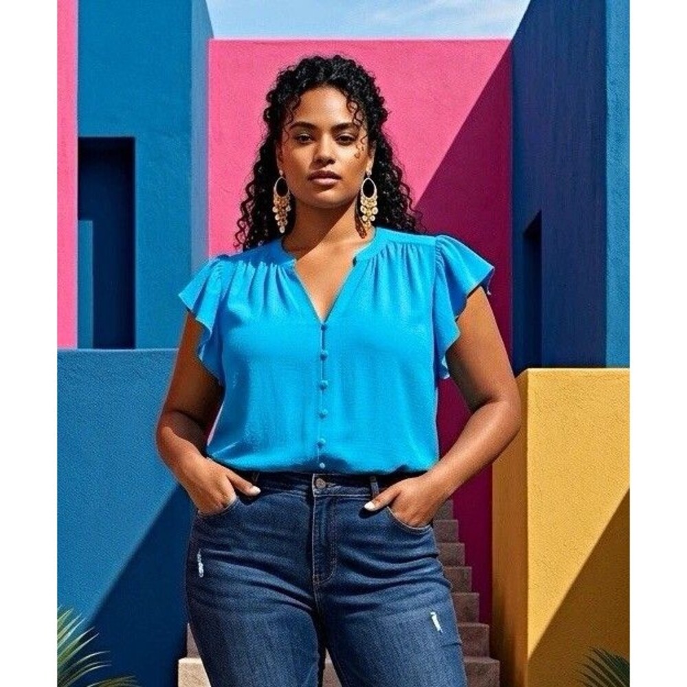 Sugarlips Blue Solid V-Neck Flutter Sleeve Ruffle Button Front Blouse 2X